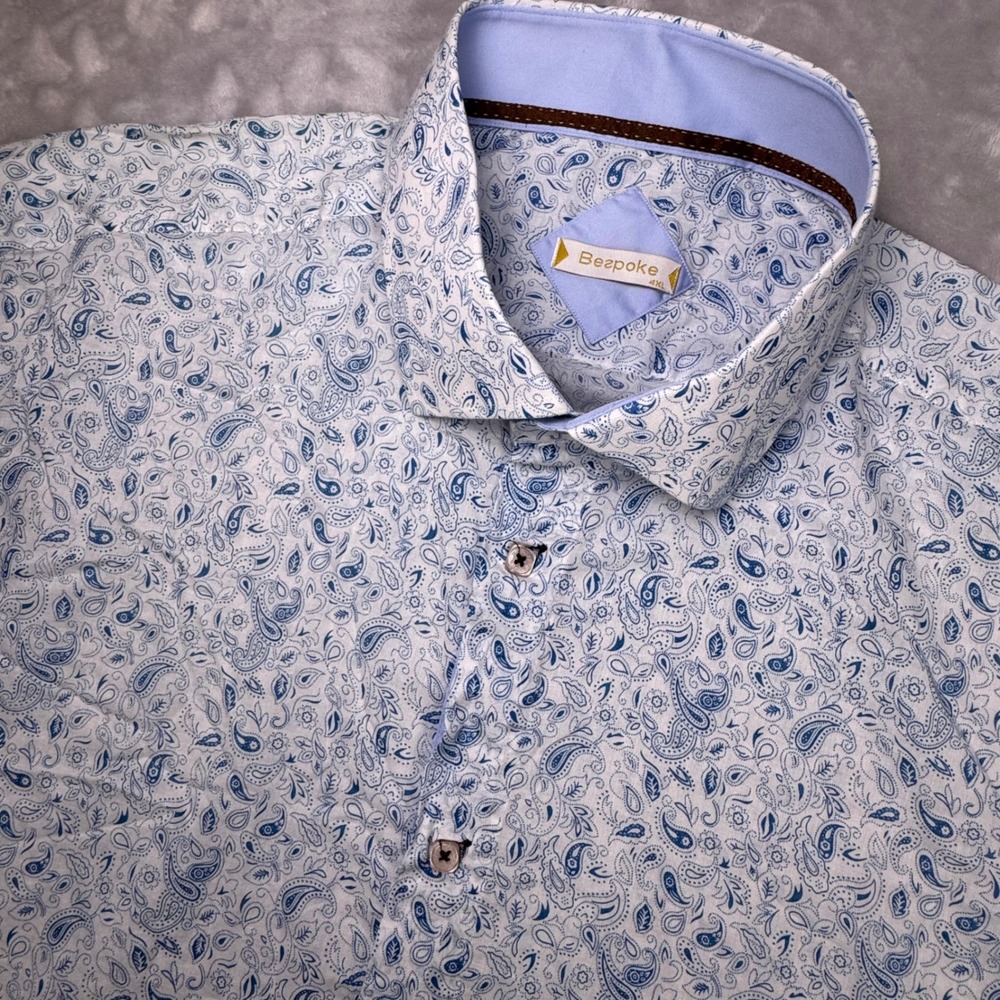Bespoke Short Sleeve Cotton Button Down Shirt Mens 4XL Blue White Paisley
